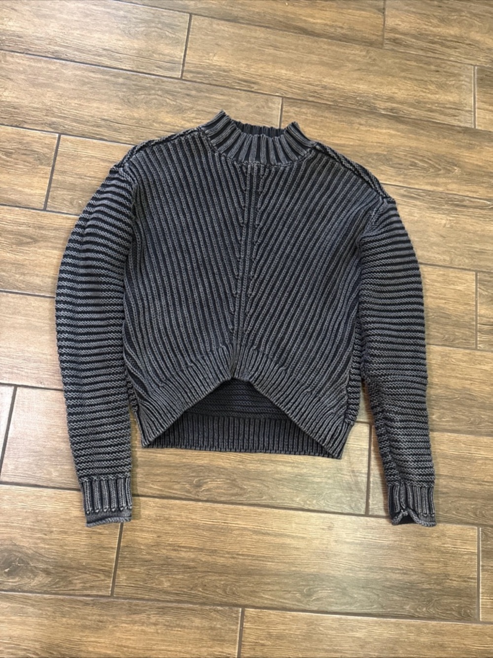 Lucky S Ribbed Chunky Textured Turtleneck Sweater Acidwash Black Gray Mock Neck